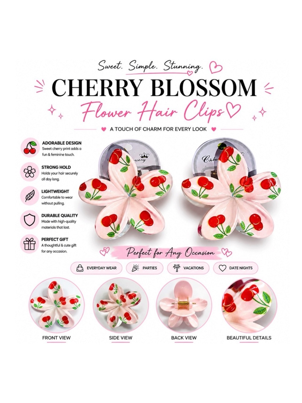 CHERRY BLOSSOM FLOWER HAIR CLAW CLIP SET OF 2